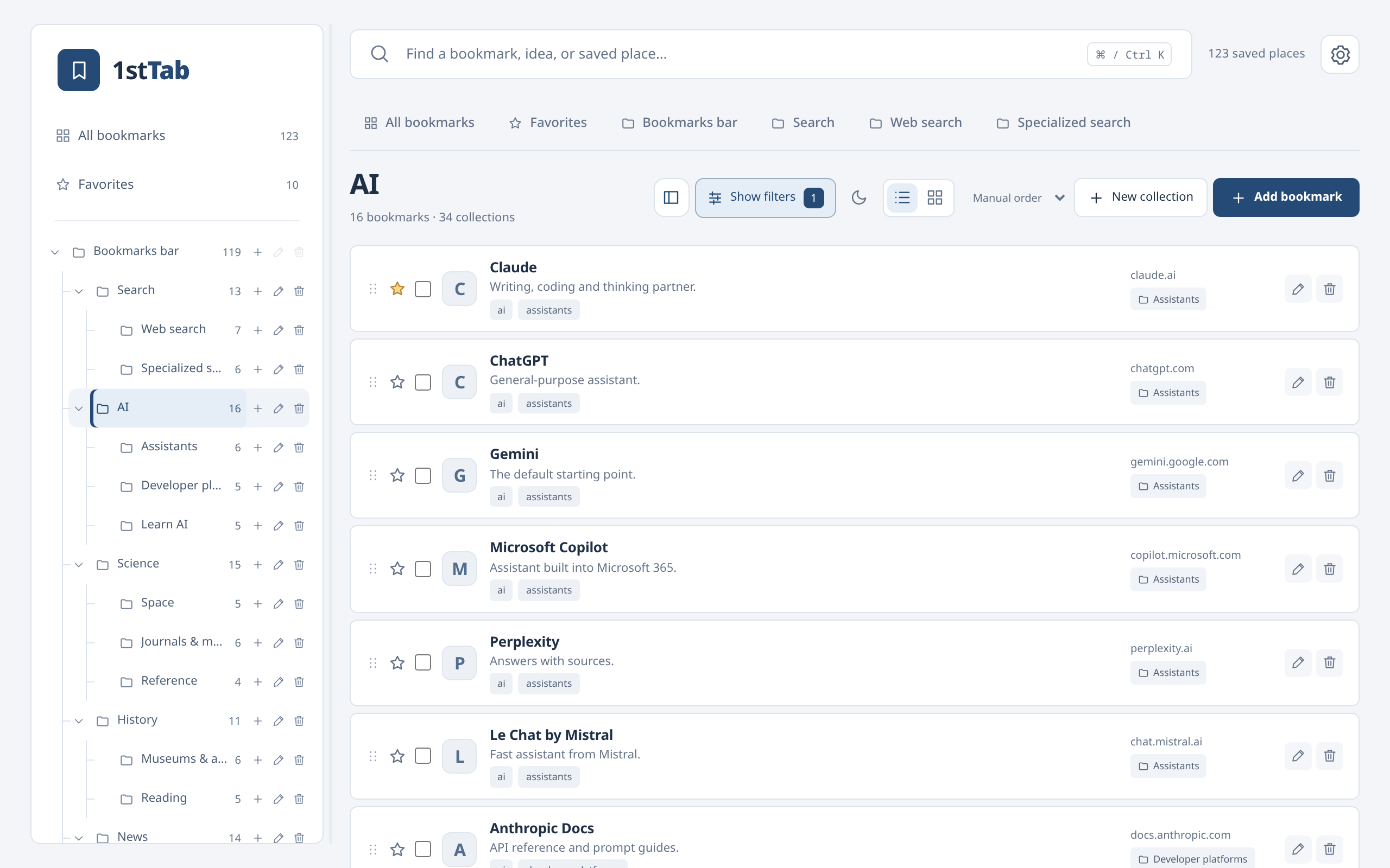 1stTab v2 library in a new tab showing the AI collection in list view, with notes, tags, favorites, and a nested folder tree