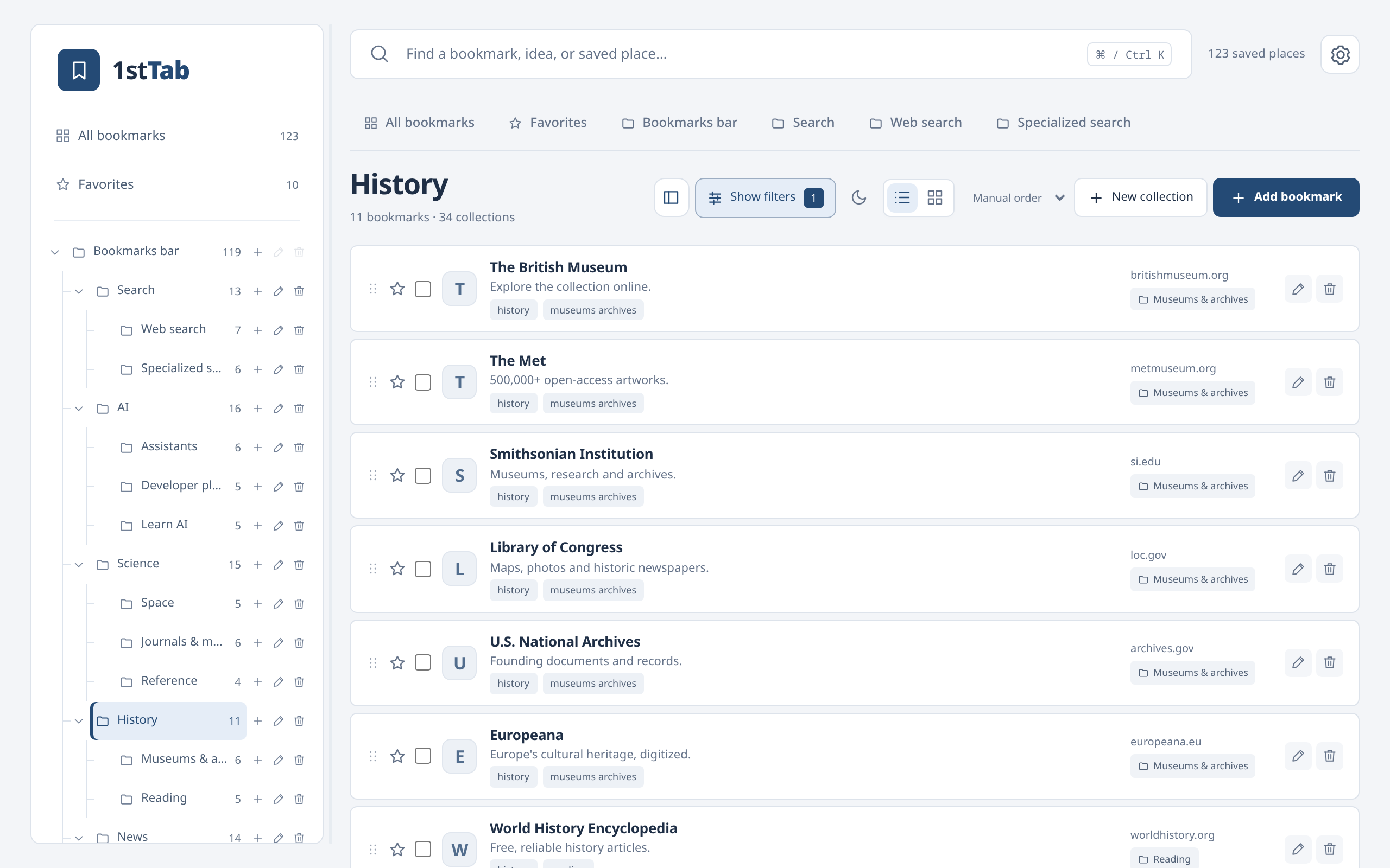 1stTab History collection with Text size 100%, Icon size 100%