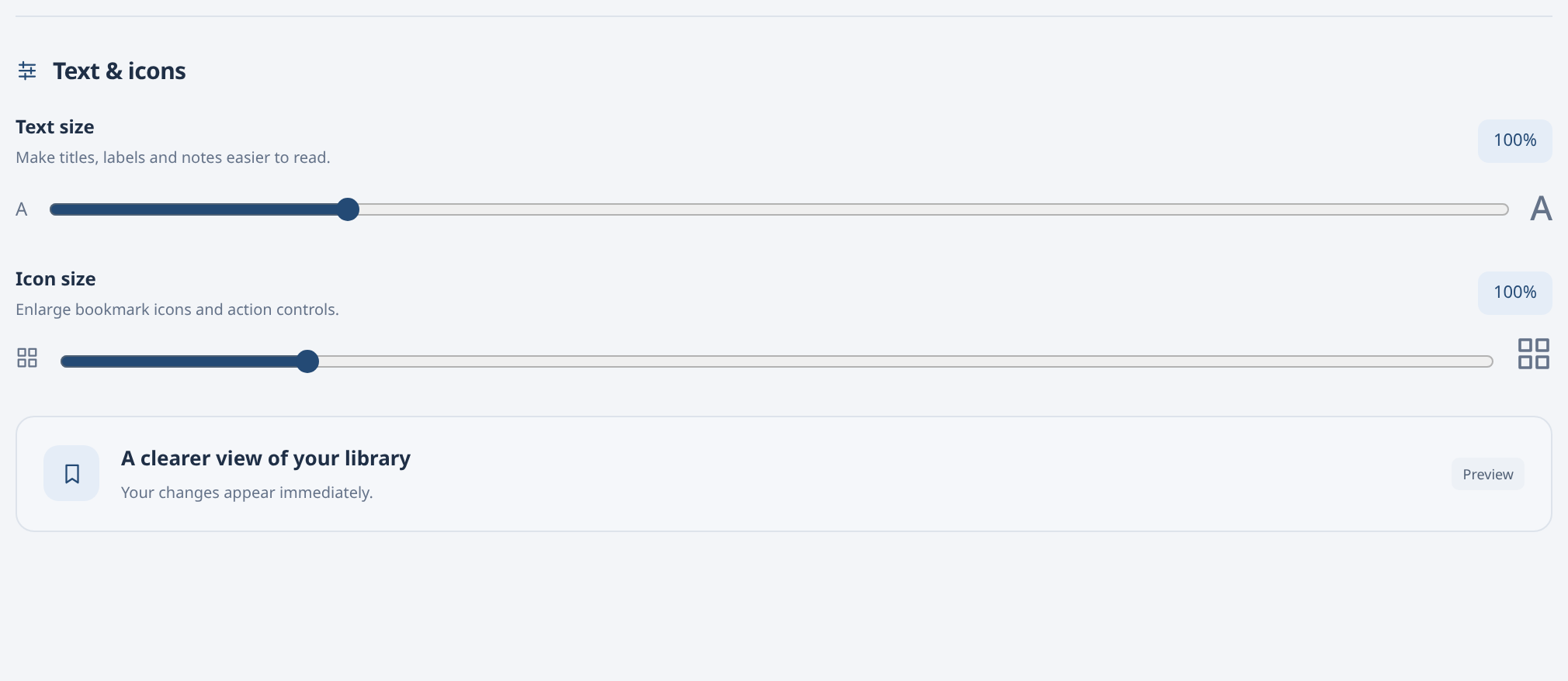 1stTab Settings, Text and icons sliders set to Text size 100%, Icon size 100%