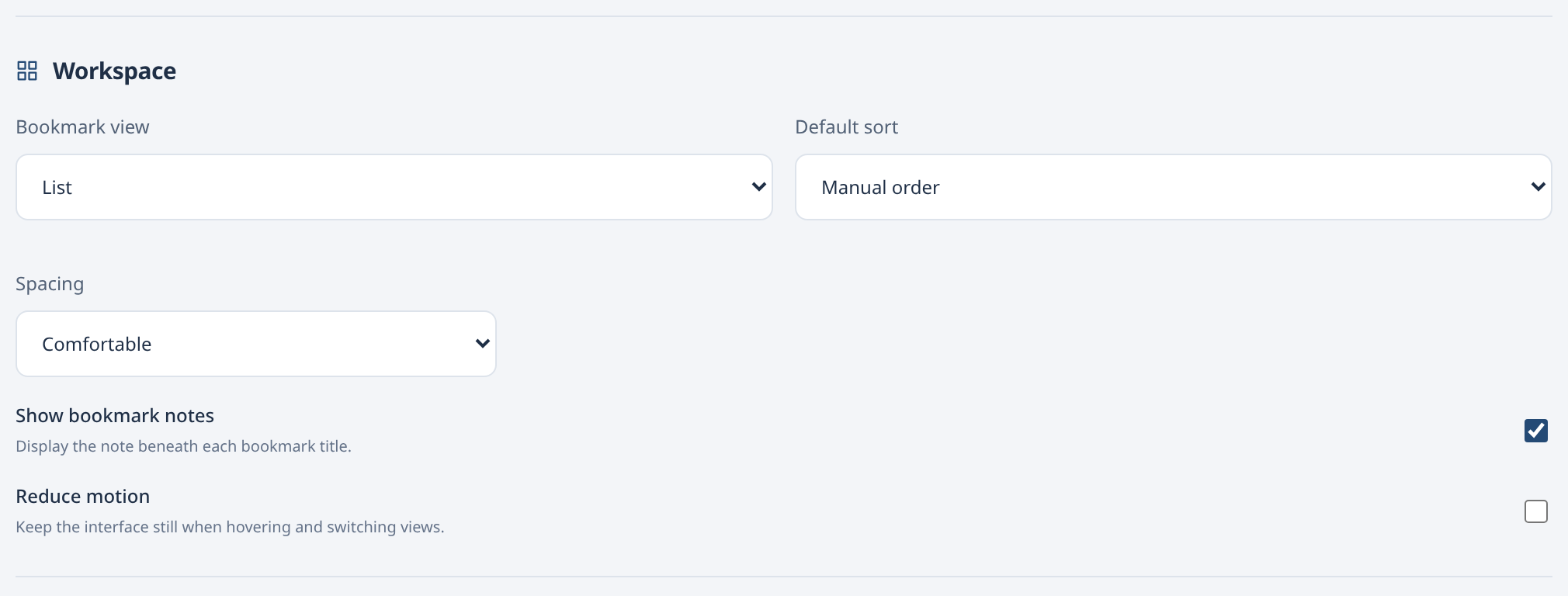 1stTab Settings Workspace panel with bookmark view, default sort, spacing, show bookmark notes, and reduce motion